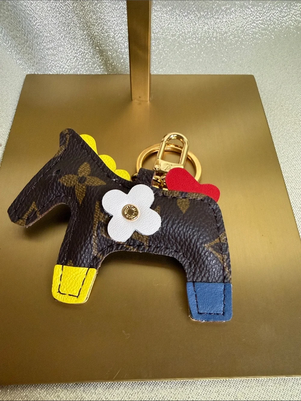 Upcycle Designer-Inspired Brown Horse Keychain with White Flower Accent